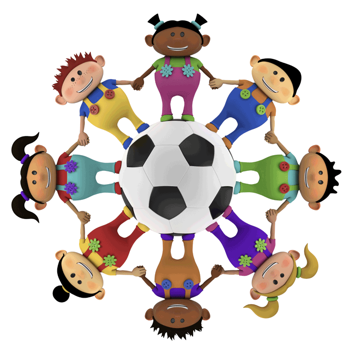 cartoon-illustration: 8 children on soccer ball globe holding hands