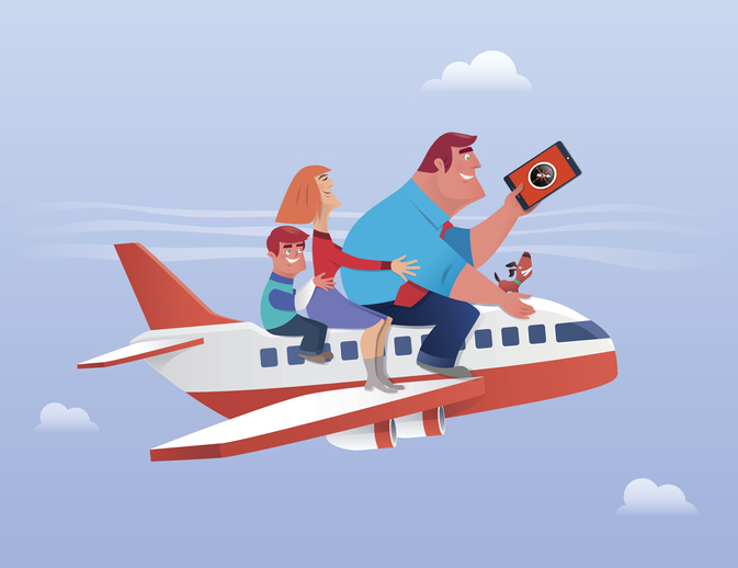 cartoon image: family traveling on top of a jet airplane
